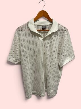Men’s stone putty mesh open weave polo sweater Saints Studio Y2K style